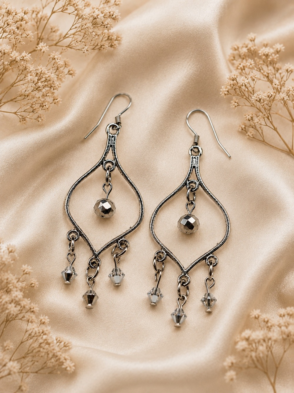 Silver Glass Rhinestone Chandelier Fishhook Earrings